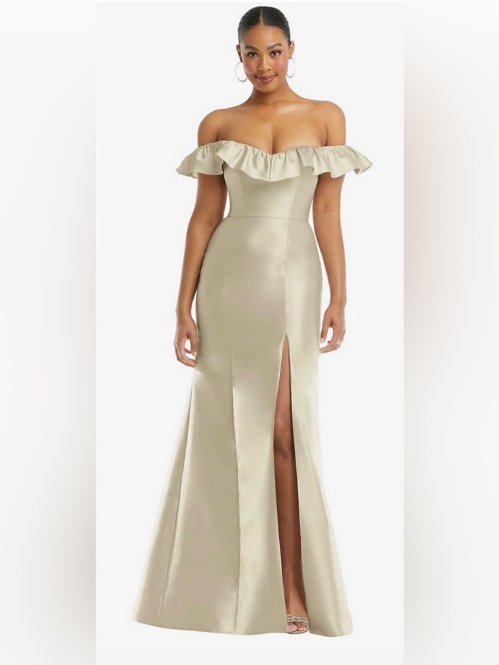 Alfred Sung Off the Shoulder Ruffle Neck Satin Trumpet Gown in Champagne - Picture 1 of 15